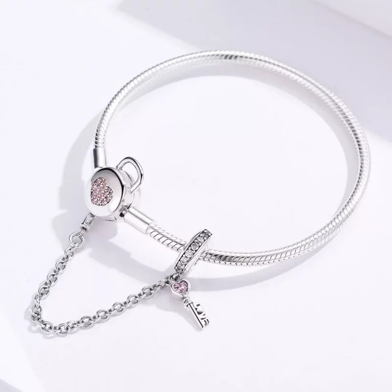 (imagen para) Pulsera deslizable estilo Pandora con corazones y llave de plata - SCB143 - Ver 3