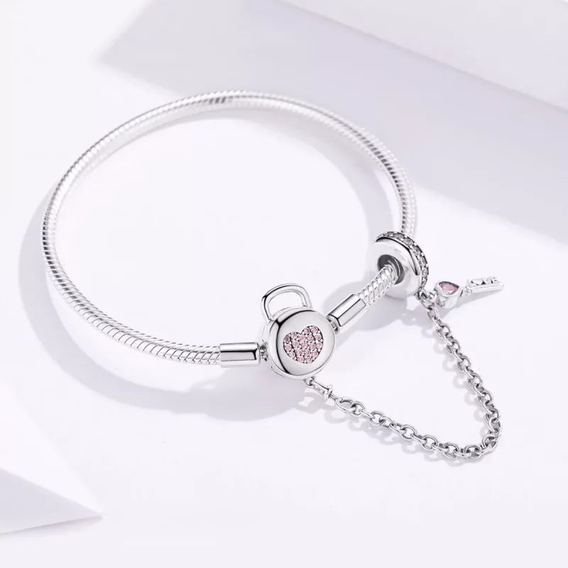 (imagen para) Pulsera deslizable estilo Pandora con corazones y llave de plata - SCB143 - Ver 4