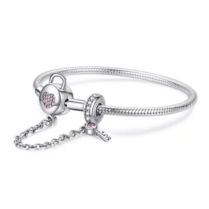 Pulsera deslizable estilo Pandora con corazones y llave de plata - SCB143 (imagen para) Pulsera deslizable estilo Pandora con corazones y llave de plata - SCB143