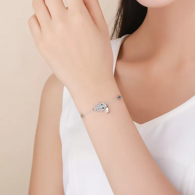 (imagen para) Pulsera deslizante de cadena con estilo Pandora en plata con Mano de Fátima - SC - Ver 2