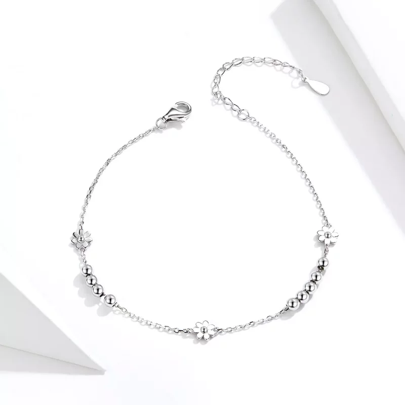 (imagen para) Pulsera deslizante de cadena con flor de margarita plateada estilo Pandora - SCB - Ver 3