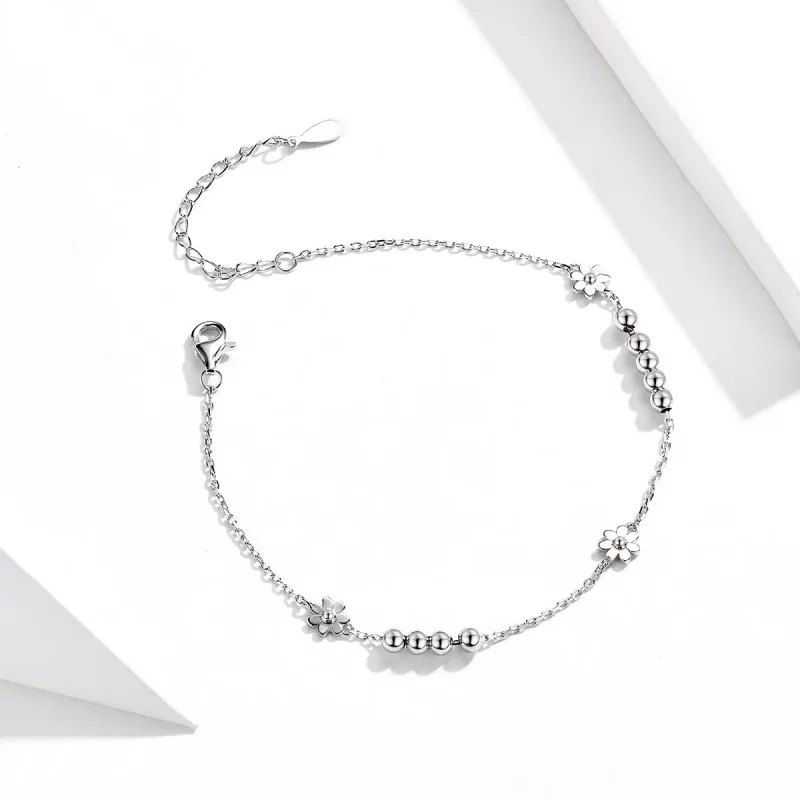 (imagen para) Pulsera deslizante de cadena con flor de margarita plateada estilo Pandora - SCB - Ver 4