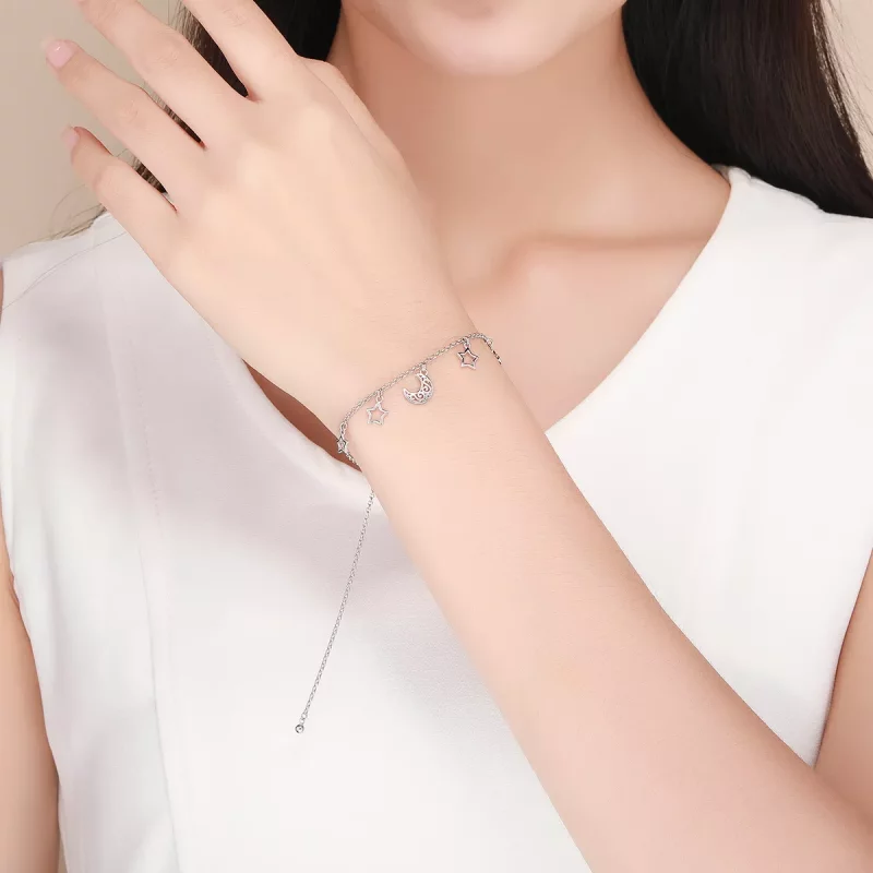 (imagen para) Pulsera deslizante de cadena estilo Pandora con estrellas plateadas en el cielo - Ver 2