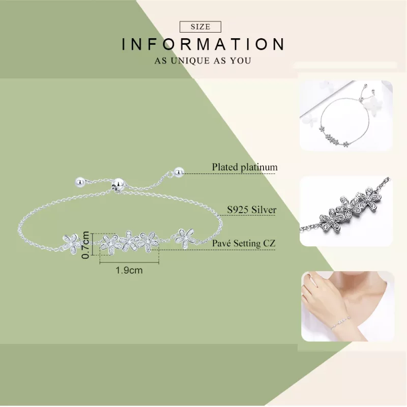 (imagen para) Pulsera deslizante estilo Pandora con cadena de margaritas de plata - SCB084 - Ver 5