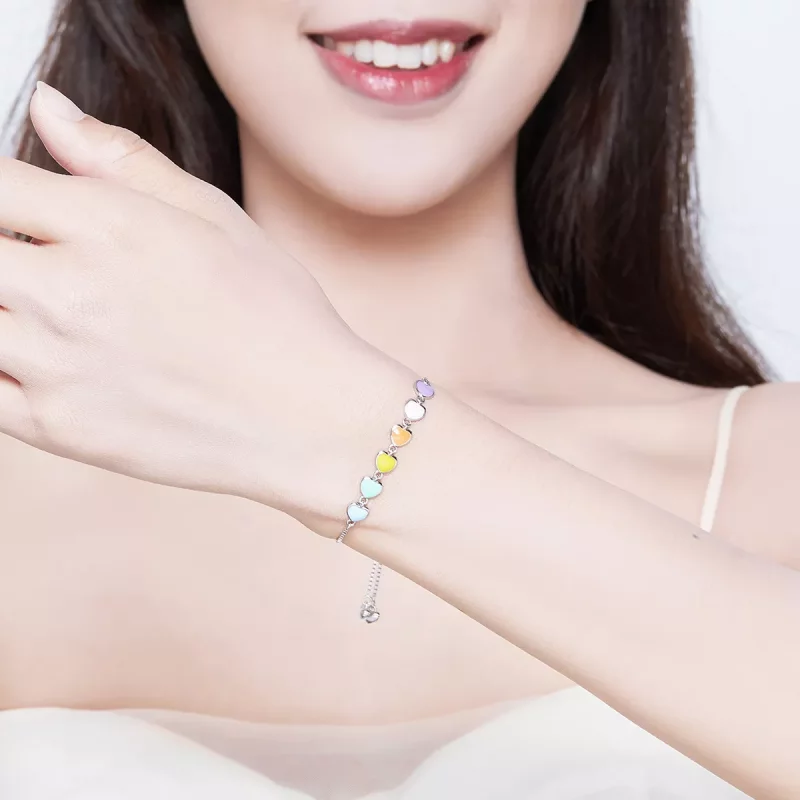 (imagen para) Pulsera deslizante estilo Pandora con corazones de arcoíris de plata - SCB158 - Ver 2