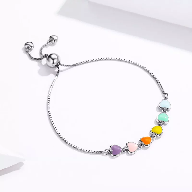 (imagen para) Pulsera deslizante estilo Pandora con corazones de arcoíris de plata - SCB158 - Ver 3