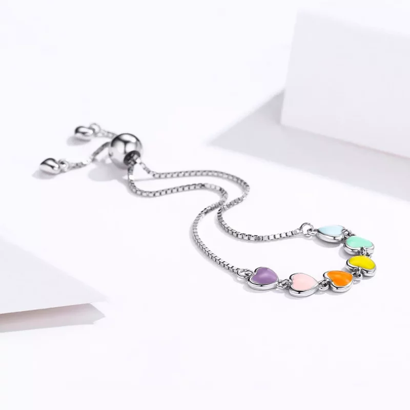 (imagen para) Pulsera deslizante estilo Pandora con corazones de arcoíris de plata - SCB158 - Ver 4
