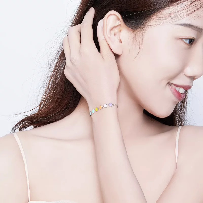 (imagen para) Pulsera deslizante estilo Pandora con corazones de arcoíris de plata - SCB158 - Ver 6