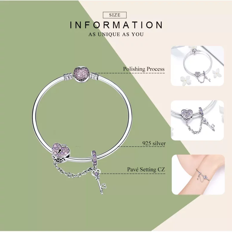 (imagen para) Pulsera estilo Pandora plateada con llave rosa y candado con corazón pavé - SCB8 - Ver 3