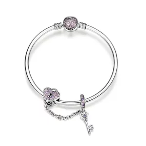 (imagen para) Pulsera estilo Pandora plateada con llave rosa y candado con corazón pavé - SCB820