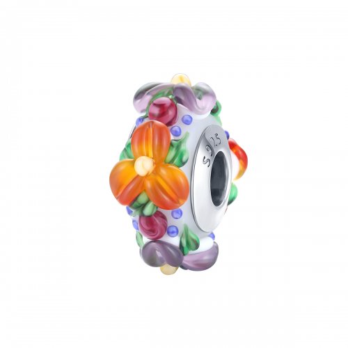Charm espaciador de estilo Pandora en color plateado con flores coloridas -