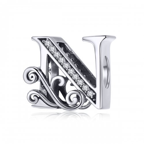Charm de letra N con encanto de flor brillante estilo Pandora con Pavé - BSC030-N