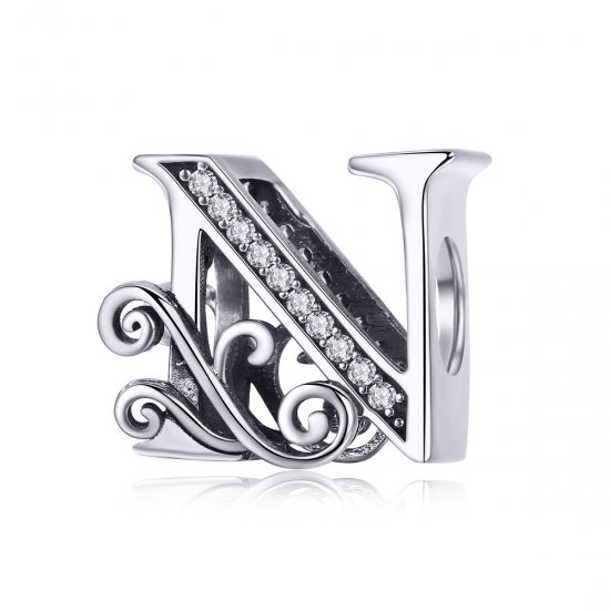 Charm de letra N con encanto de flor brillante estilo Pandora con Pavé - BSC030-N - Haga click en la imagen para cerrar
