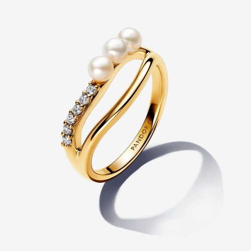 Anillo Pandora Perla Cultivada de Agua Dulce y Doble Banda Forma Orgánica - 163258C01