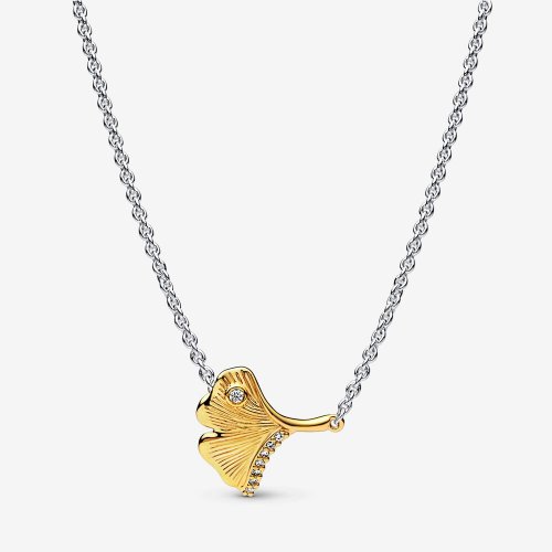 PANDORA Collar Ginkgo de plata de ley y chapado en oro de 14k con circonita cúbica transparente - 362443C01