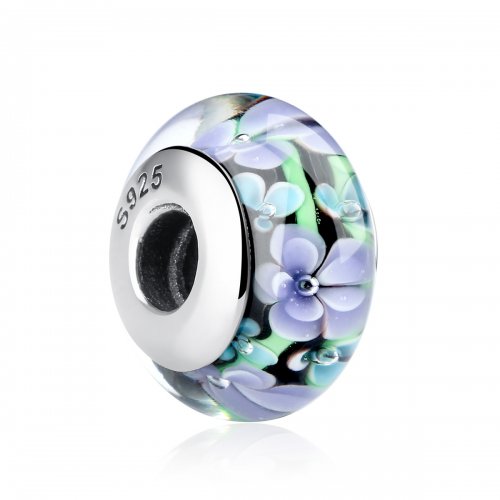 Charm de vidrio Murano estilo Pandora con flores moradas - SCZ009