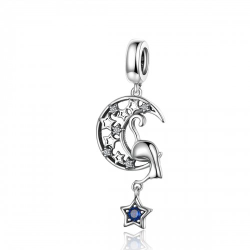 Charm colgante de plata estilo Pandora con gato jugando con estrellas - SCC1205