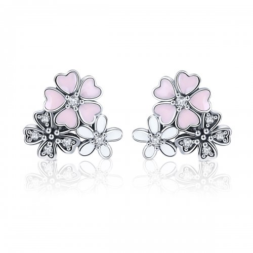 Pendientes de botón estilo Pandora con margaritas y flores de cerezo en plata - SCE400
