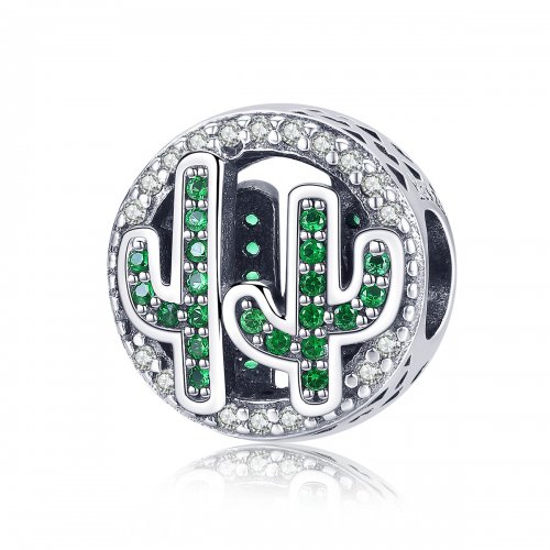 Charm de Cactus Vibrante Verde Plateado al Estilo de Pandora - SCC918