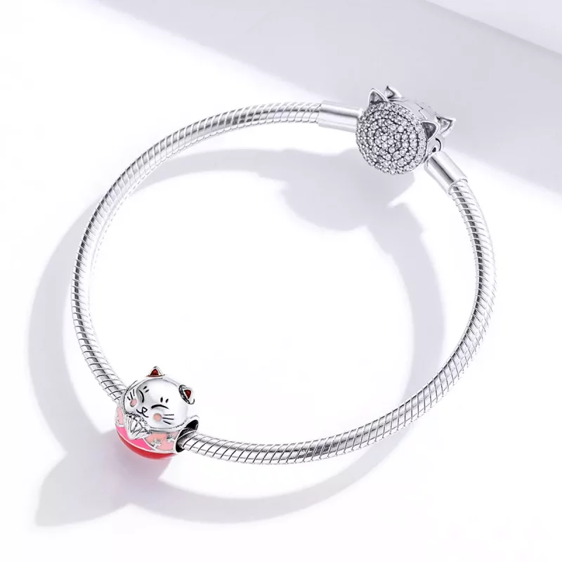 (imagen para) Amuleto de Maneki Neko de Plata con estilo Pandora - SCC1341 - Ver 3