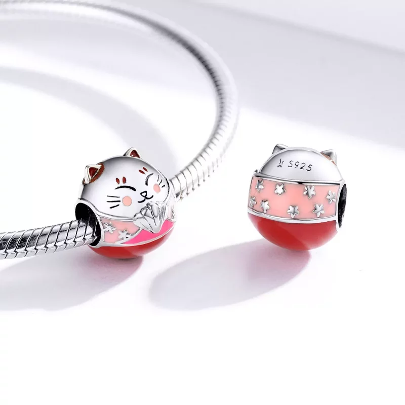 (imagen para) Amuleto de Maneki Neko de Plata con estilo Pandora - SCC1341 - Ver 4