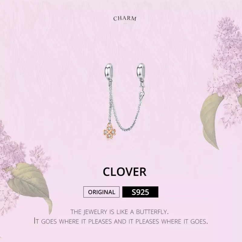 (imagen para) Cadena de seguridad de trébol de plata y oro rosa estilo Pandora - SCC1261 - Ver 2
