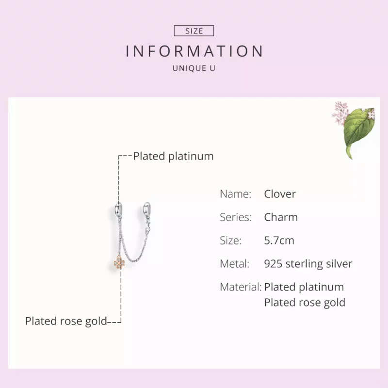 (imagen para) Cadena de seguridad de trébol de plata y oro rosa estilo Pandora - SCC1261 - Ver 3