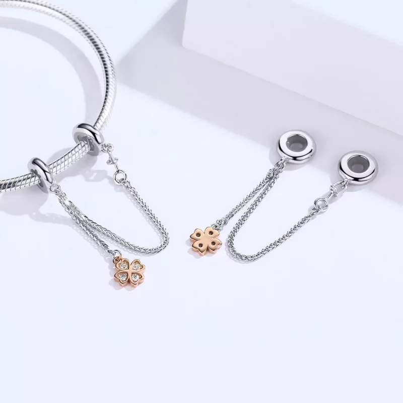 (imagen para) Cadena de seguridad de trébol de plata y oro rosa estilo Pandora - SCC1261 - Ver 4