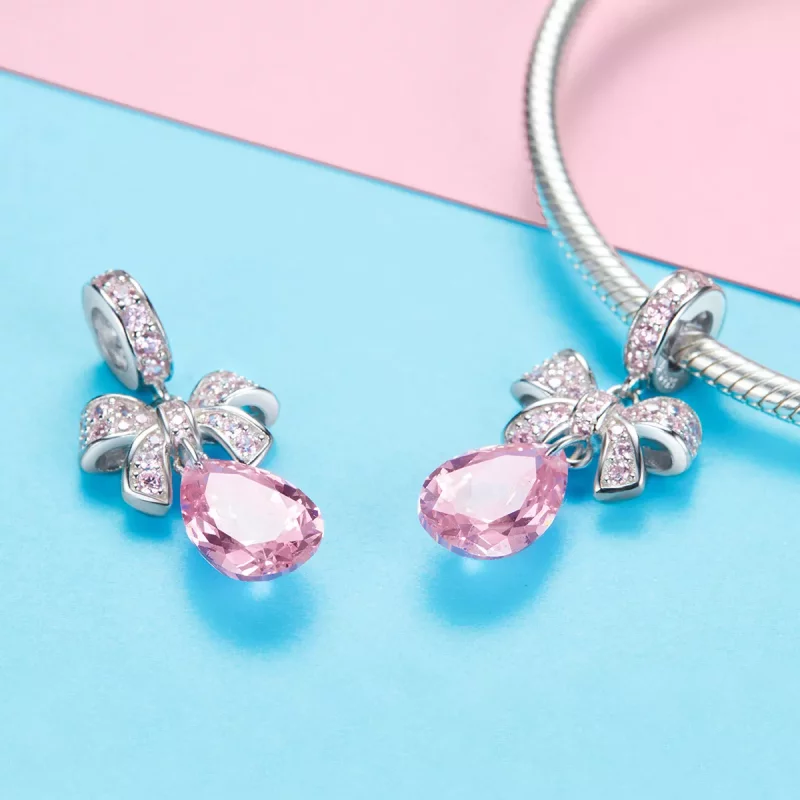(imagen para) Charm colgante de lazo rosa plateado estilo Pandora - SCC1074 - Ver 3