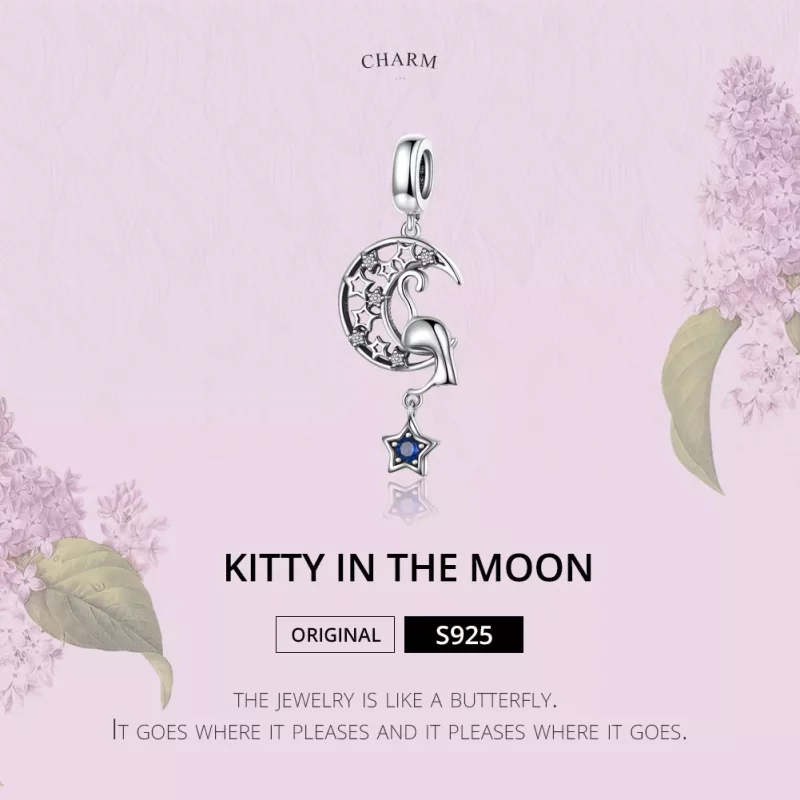 (imagen para) Charm colgante de plata estilo Pandora con gato jugando con estrellas - SCC1205 - Ver 2