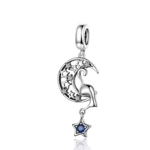 (imagen para) Charm colgante de plata estilo Pandora con gato jugando con estrellas - SCC1205