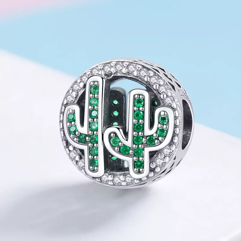 (imagen para) Charm de Cactus Vibrante Verde Plateado al Estilo de Pandora - SCC918 - Ver 2