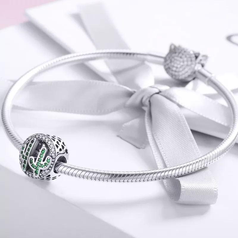 (imagen para) Charm de Cactus Vibrante Verde Plateado al Estilo de Pandora - SCC918 - Ver 3