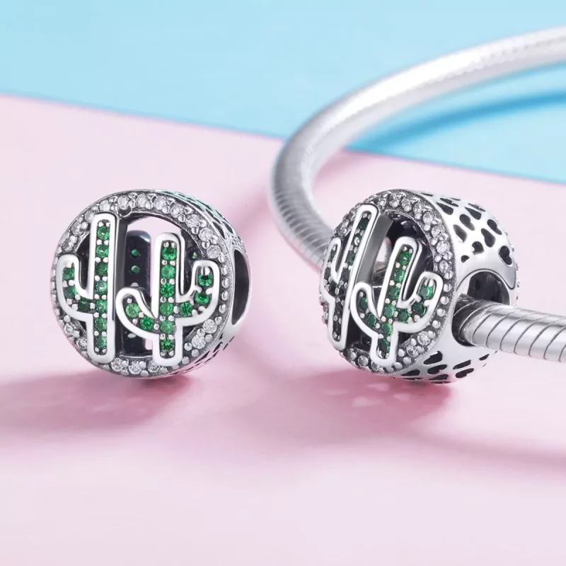 (imagen para) Charm de Cactus Vibrante Verde Plateado al Estilo de Pandora - SCC918 - Ver 4