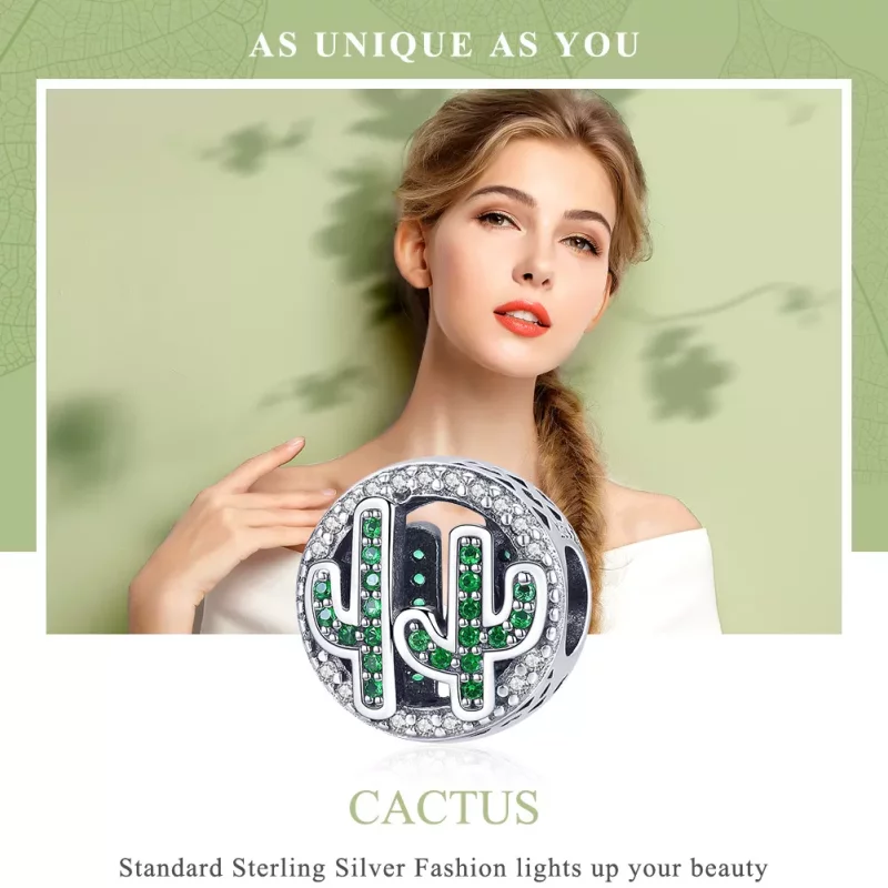 (imagen para) Charm de Cactus Vibrante Verde Plateado al Estilo de Pandora - SCC918 - Ver 6