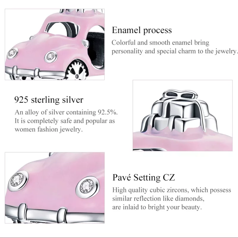 (imagen para) Charm de Coche Rosa Plateado Estilo Pandora - SCC1738 - Ver 7