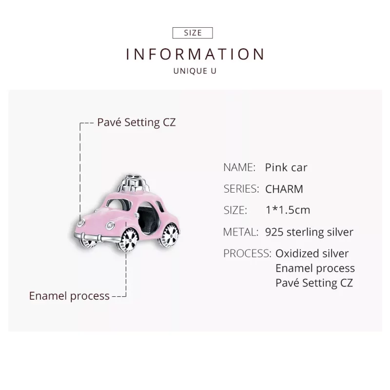 (imagen para) Charm de Coche Rosa Plateado Estilo Pandora - SCC1738 - Ver 8