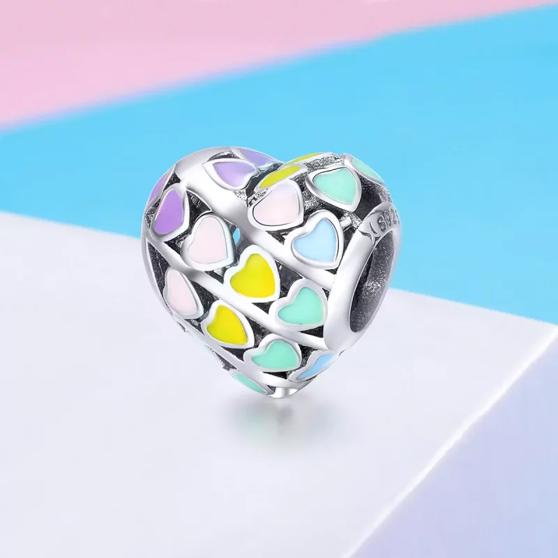 (imagen para) Charm de corazón arcoíris plateado al estilo Pandora - SCC902 - Ver 2