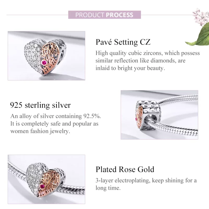 (imagen para) Charm de Corazón de Mamá en Plata y Oro Rosa con Estilo Pandora - SCC1173 - Ver 4