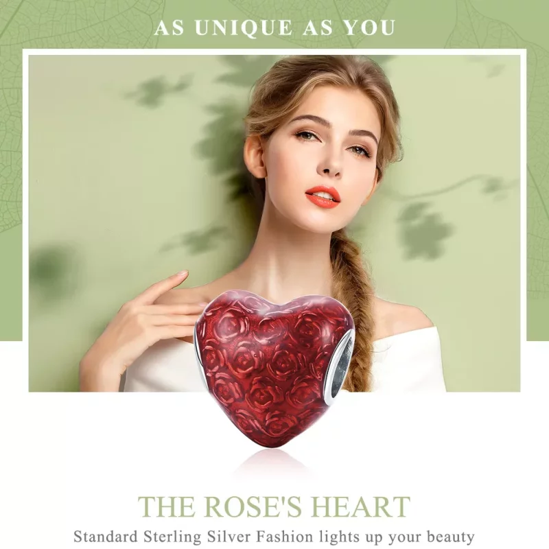 (imagen para) Charm de corazón de plata estilo Pandora con rosa - SCC1064 - Ver 2
