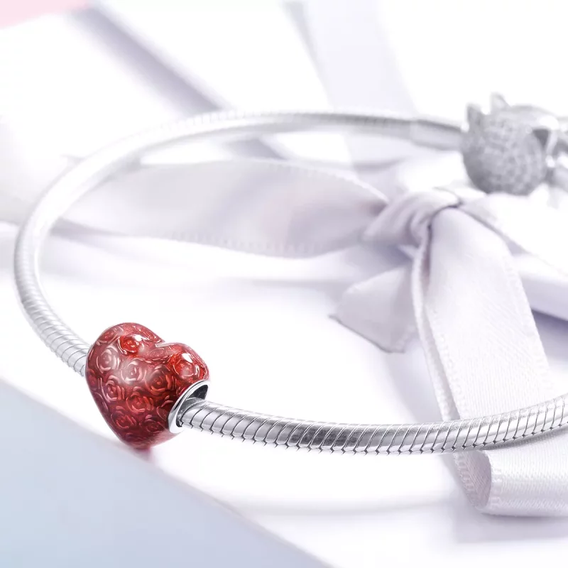 (imagen para) Charm de corazón de plata estilo Pandora con rosa - SCC1064 - Ver 3