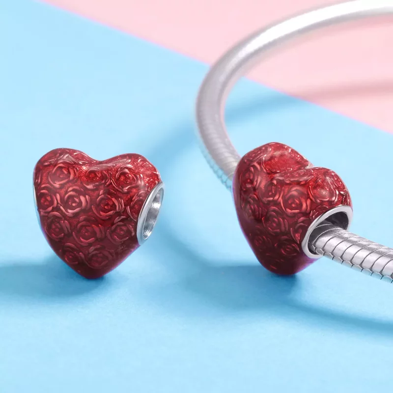 (imagen para) Charm de corazón de plata estilo Pandora con rosa - SCC1064 - Ver 4