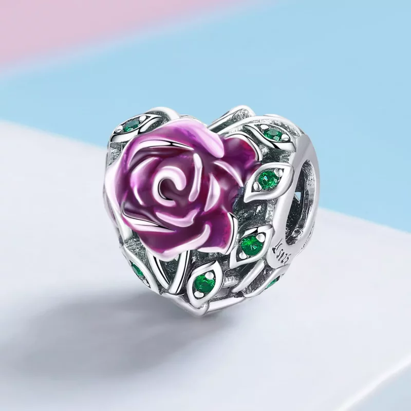 (imagen para) Charm de corazón plateado estilo Pandora con rosa - SCC927 - Ver 2