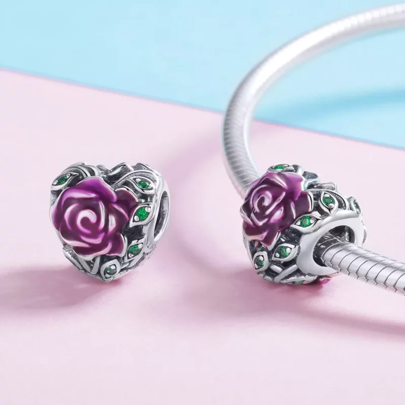 (imagen para) Charm de corazón plateado estilo Pandora con rosa - SCC927 - Ver 4