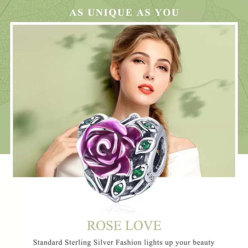 (imagen para) Charm de corazón plateado estilo Pandora con rosa - SCC927 - Ver 6