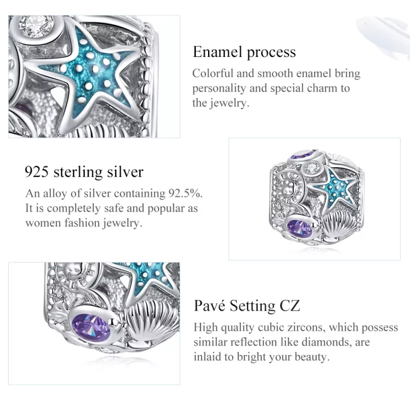 (imagen para) Charm de Estilo Pandora con Estrellas de Plata y Concha - SCC1805 - Ver 7