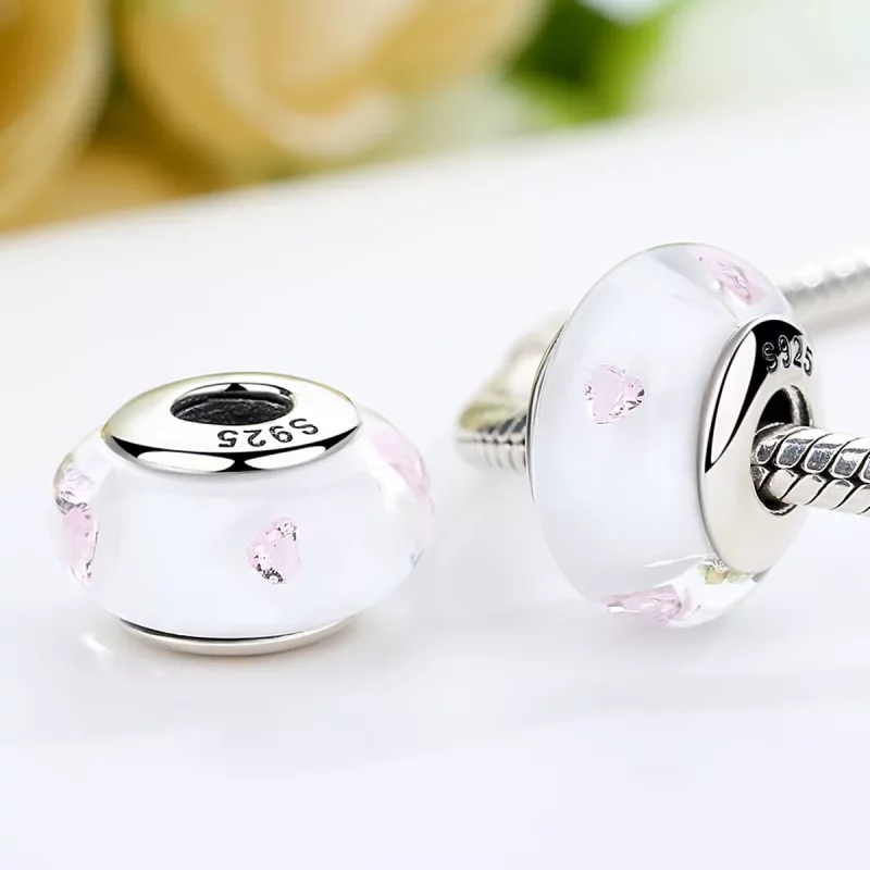 (imagen para) Charm de estilo Pandora de vidrio de Murano blanco con piedras rosas - SCZ004 - Ver 3