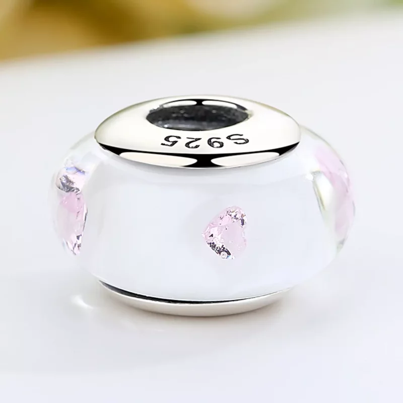 (imagen para) Charm de estilo Pandora de vidrio de Murano blanco con piedras rosas - SCZ004 - Ver 4