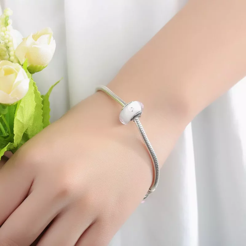 (imagen para) Charm de estilo Pandora de vidrio de Murano blanco con piedras rosas - SCZ004 - Ver 6