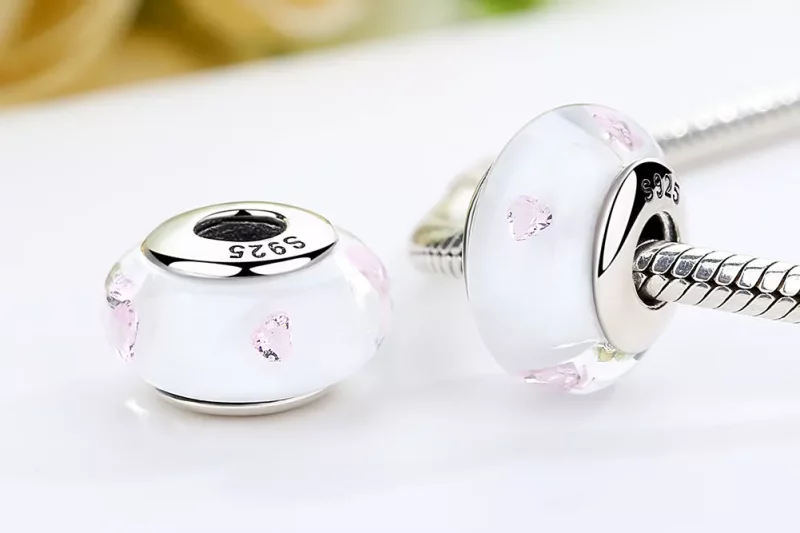 (imagen para) Charm de estilo Pandora de vidrio de Murano blanco con piedras rosas - SCZ004 - Ver 7